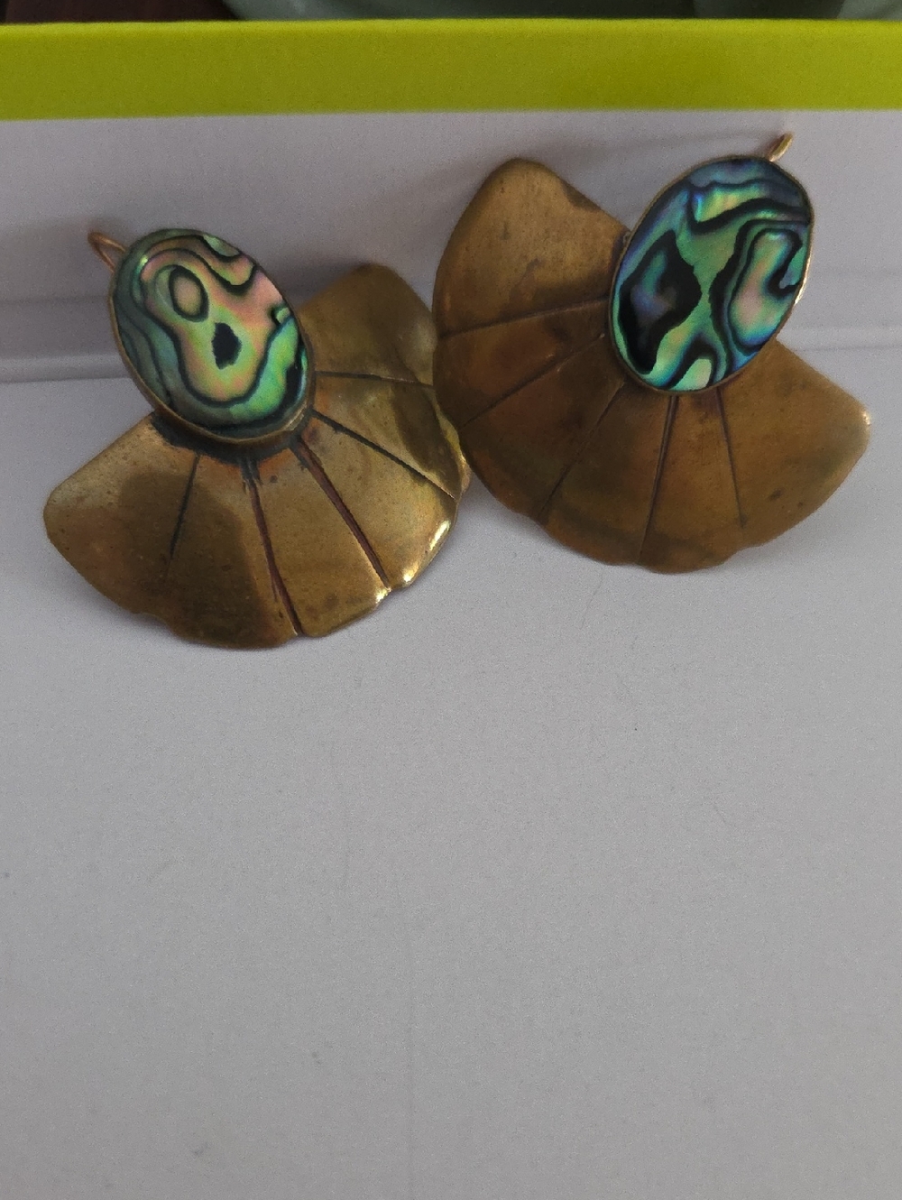 Brass Fan-Shaped Earrings with Abalone Inlay - Green Multi